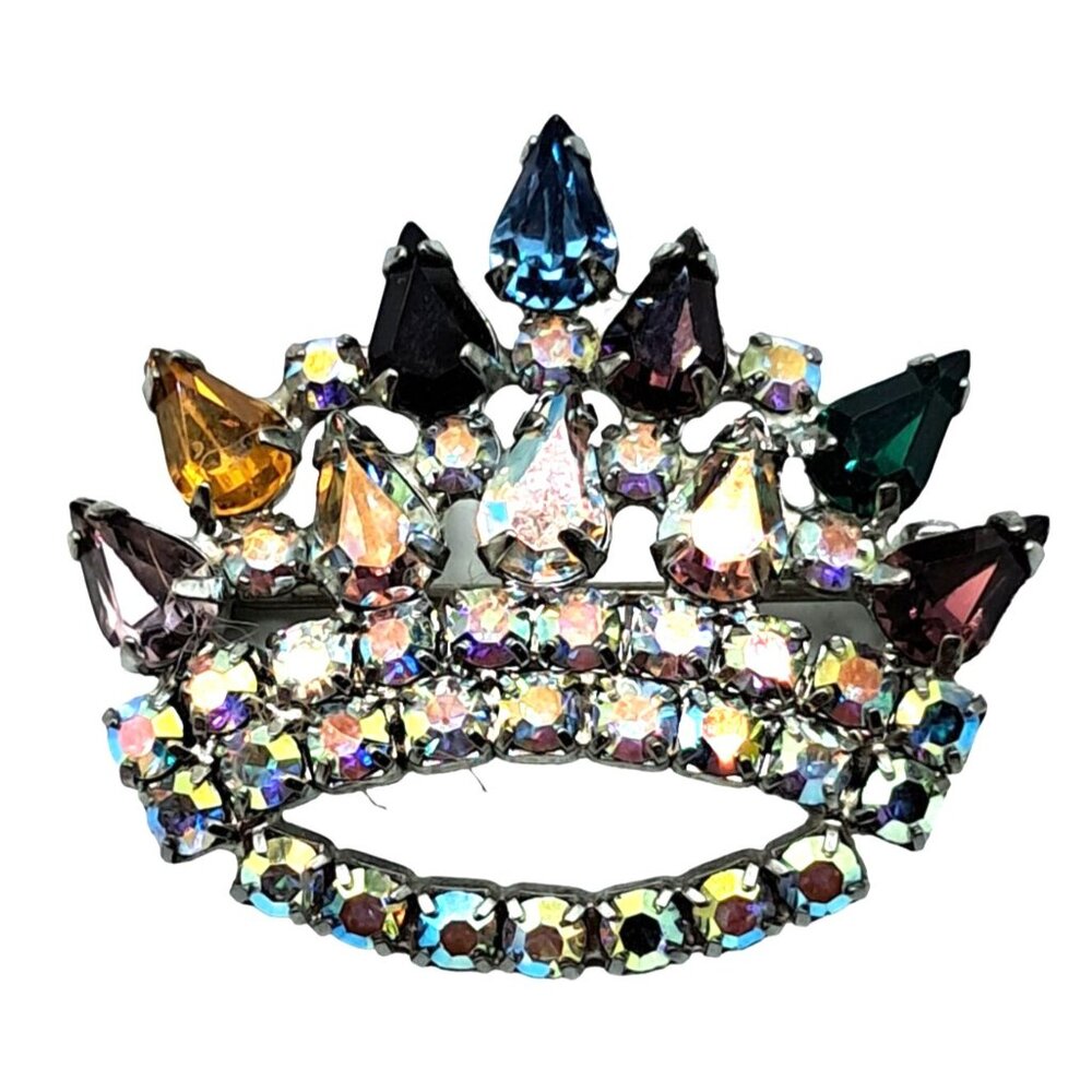 Rhinestone Crown Brooch Multi‎ Color Figural Pin VIntage Costume Jewelry